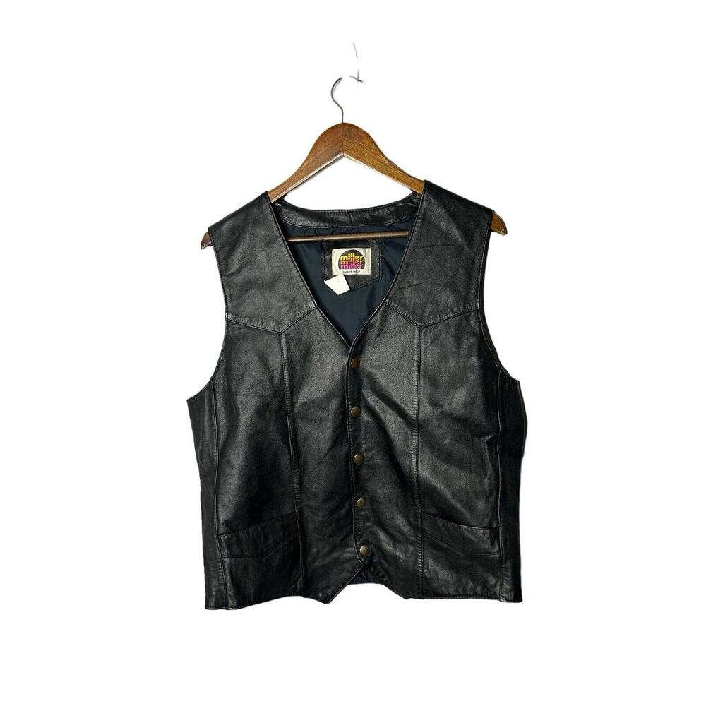 Vintage Miller Outer Wear Cowhide Grain Brown Leather Vest‎ Size Large Snaps